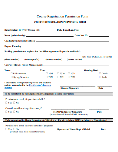 course registration permission form template