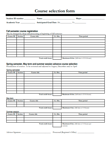 course selection form template