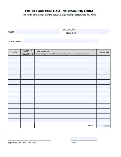 credit card purchase information form template