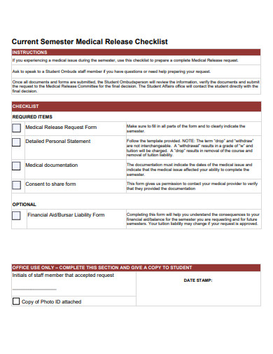 current semester medical release checklist template