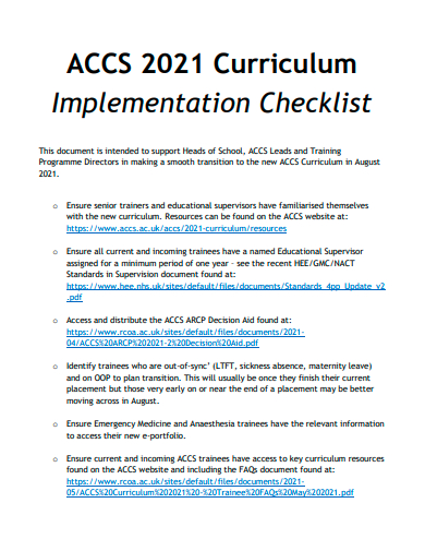 curriculum implementation checklist template
