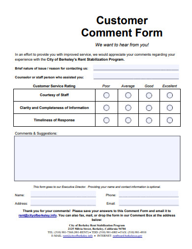 customer comment form template