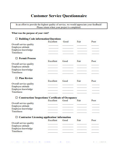 customer service questionnaire template