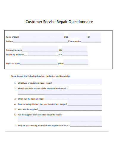 customer service repair questionnaire template