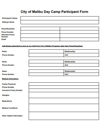 day camp participant form template