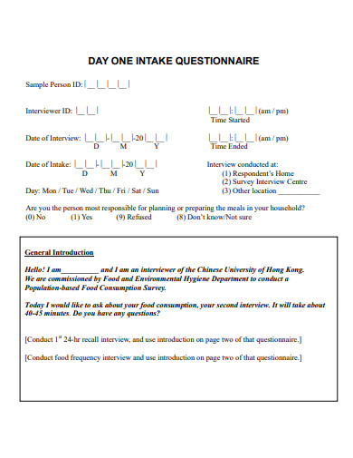 day one intake questionnaire template
