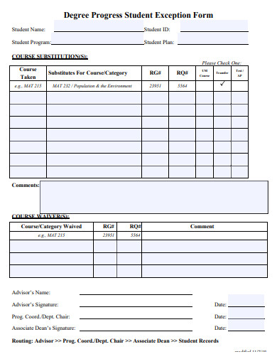 degree progress student exception form template