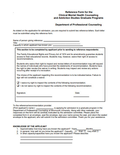 department of professional counseling reference form template