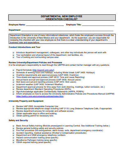 departmental new employee orientation checklist template
