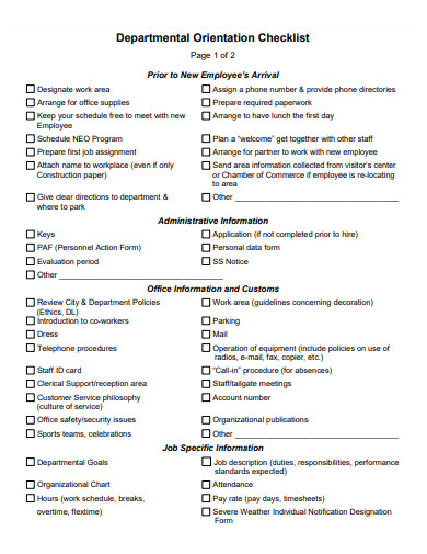 departmental orientation checklist template