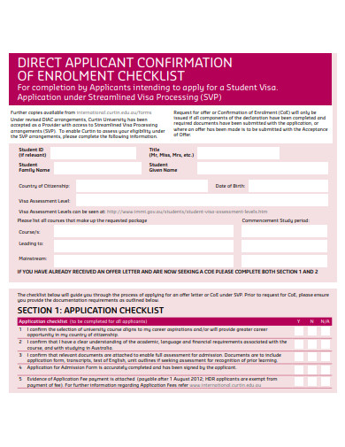 direct applicant confirmation of enrolment checklist template