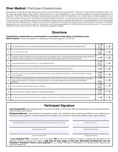 diver medical participant questionnaire template