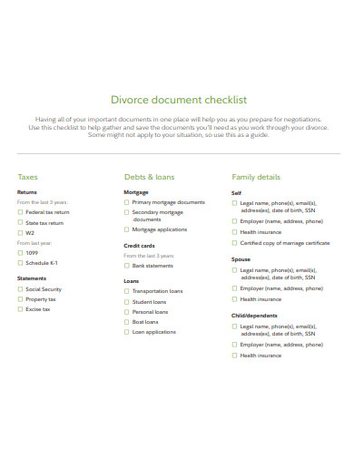divorce document checklist template