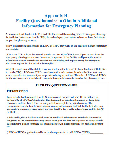 draft facility questionnaire template