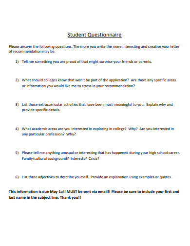 draft student questionnaire template