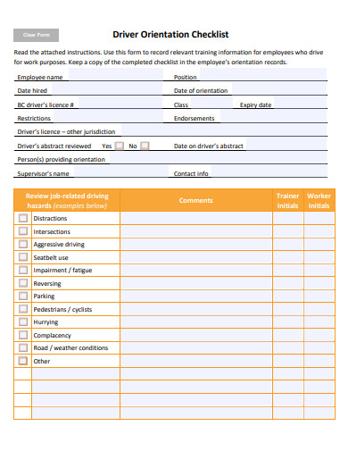driver orientation checklist template