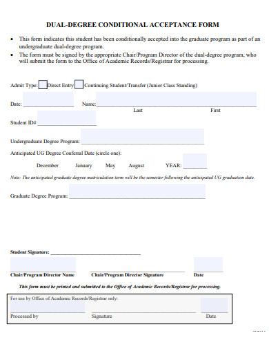 dual degree conditional acceptance form template