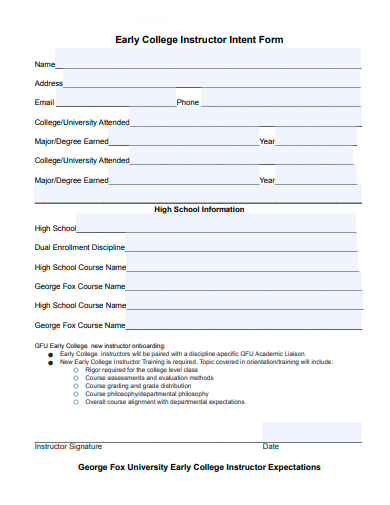 early college instructor intent form template