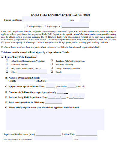 early field experience verification form template