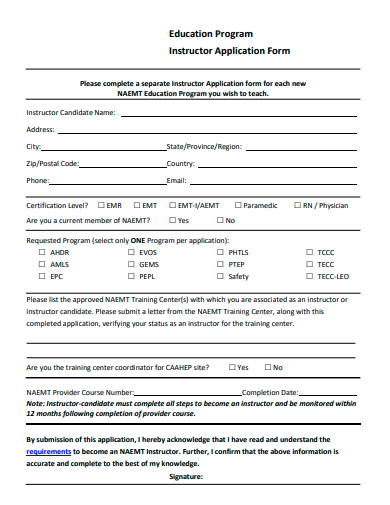 education program instructor application form template