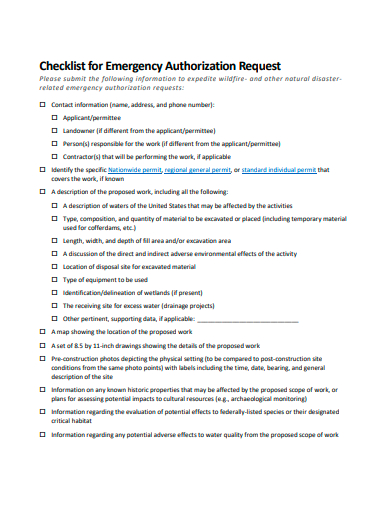 emergency authorization request checklist template