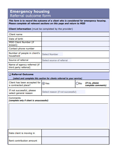emergency housing referral outcome form template
