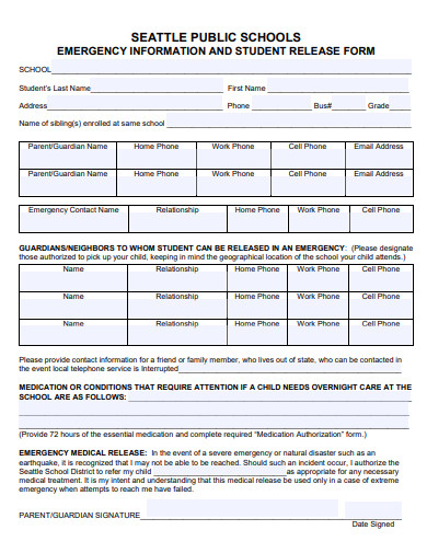emergency information and student release form template