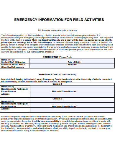 emergency information for field activities form template