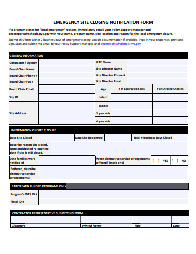 emergency site closing notification form template