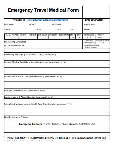 emergency travel medical form template