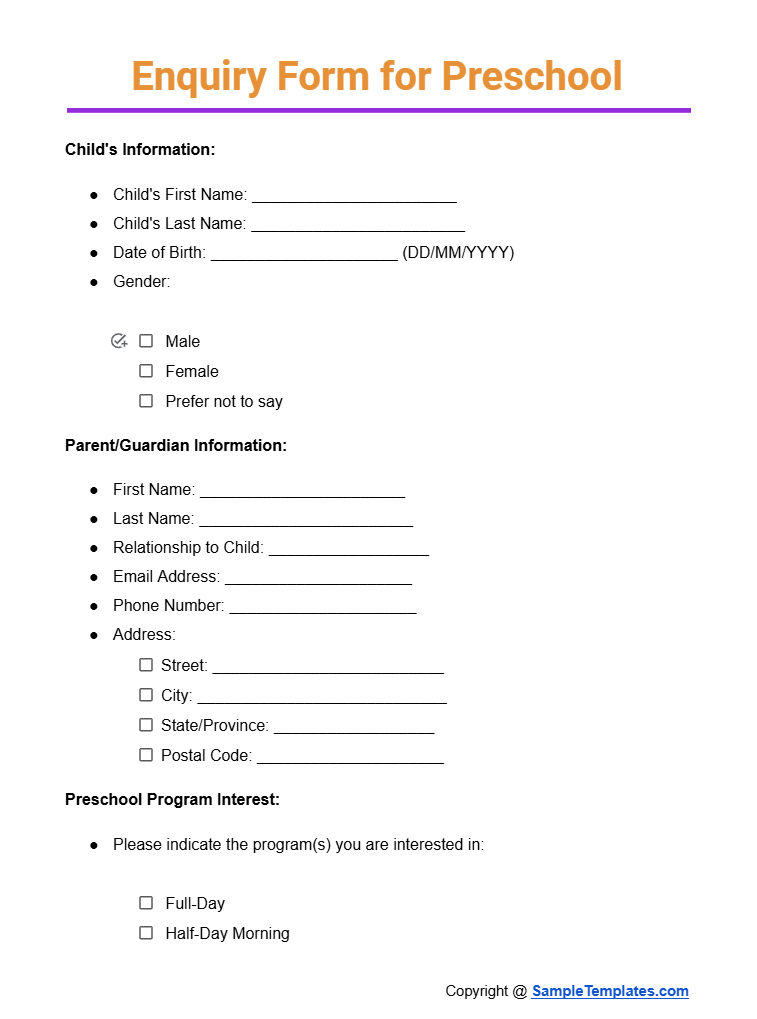 enquiry form for preschool