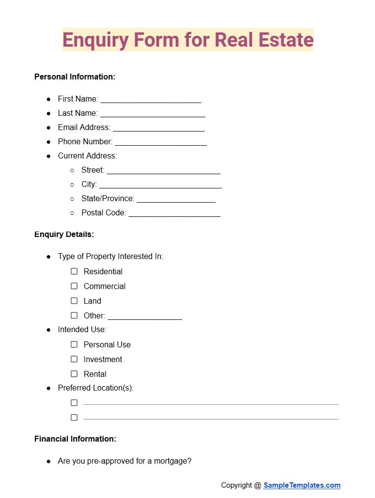 enquiry form for real estate