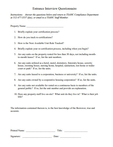 entrance interview questionnaire template