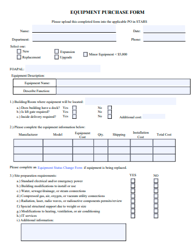 equipment purchase form template