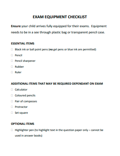exam equipment checklist template