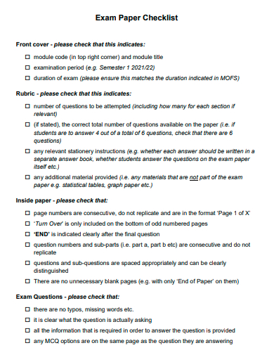 exam paper checklist template