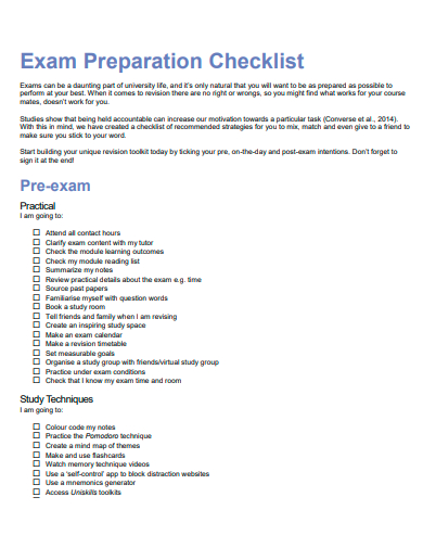exam preparation checklist template
