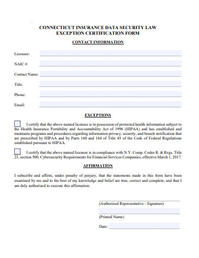 exception certification form template