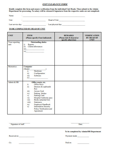 exit clearance form template