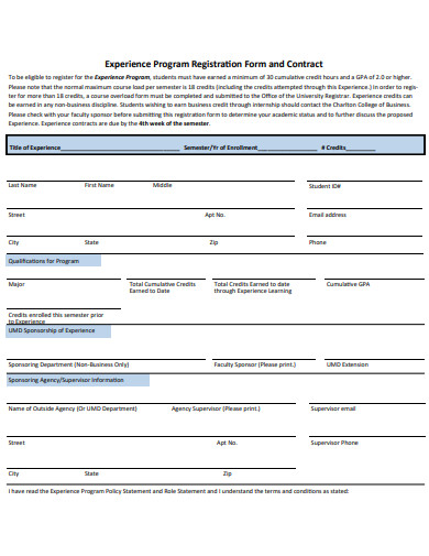 experience program registration form and contract template