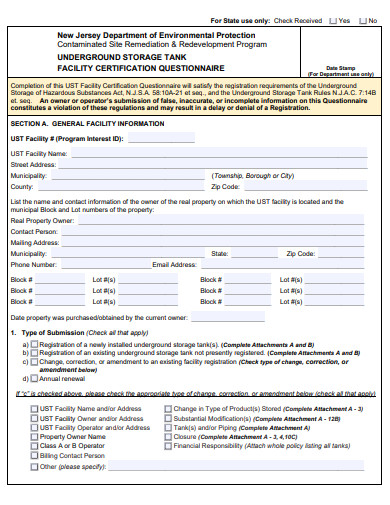 facility certification questionnaire template