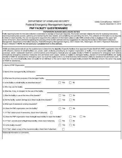 facility questionnaire format