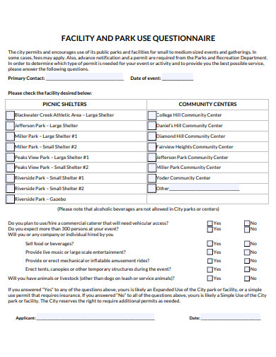 facility and park use questionnaire template