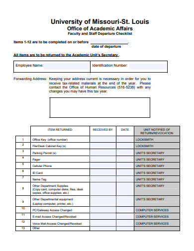 faculty and staff departure checklist template