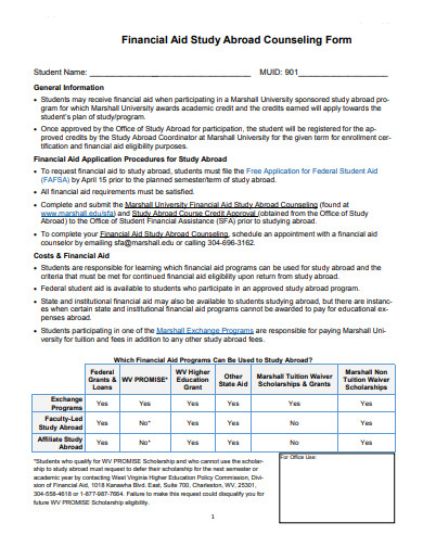 financial aid study abroad counseling form template
