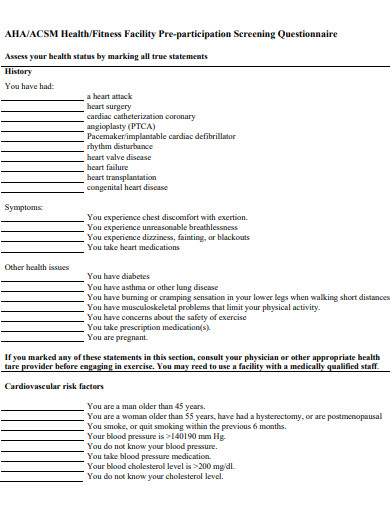 fitness facility pre participation screening questionnaire template