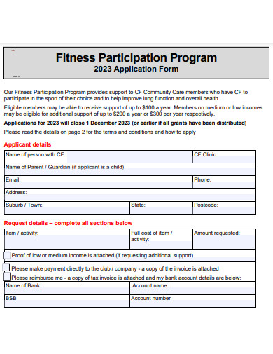 fitness participation program application form template
