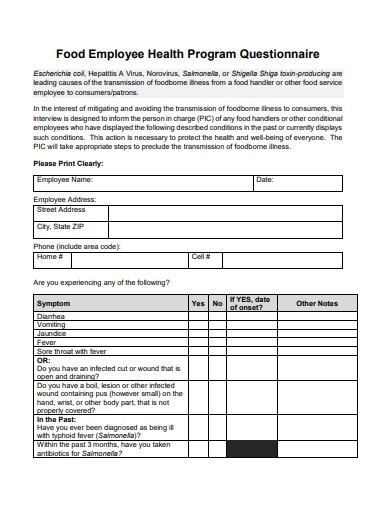 food employee health program questionnaire template