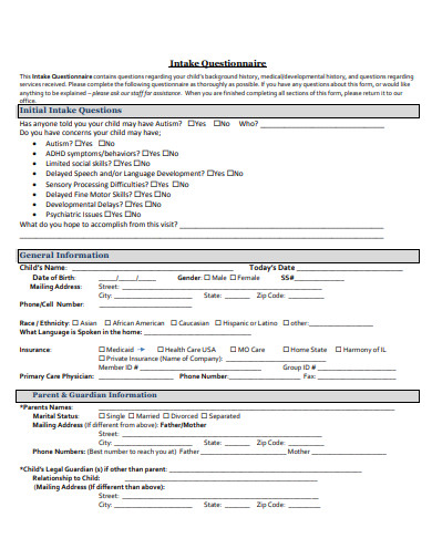 formal intake questionnaire template