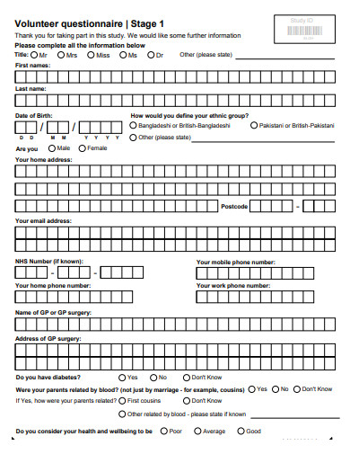 formal volunteer questionnaire template